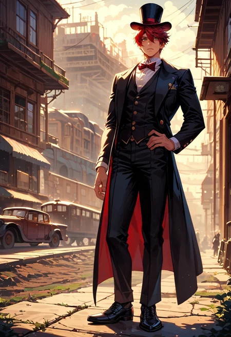 score_9,score_8_up,score_7_up,masterpiece,hyper quality,extreme quality,best quality,high quality,extreme detailed,hyper detailed,hyper detailed hair,hyper detailed skin, 1boy, mature, black bow, red bowtie, red hair, black pants, bow, bowtie, white shirt, glass, formal, full body, hand on hip, hat, outdoors, male focus, pants, shoes, solo, standing, top hat, vest, steampunk, full body, solo, standing, vintage, mist, gothic atmosphere, night, backlight, moonlight