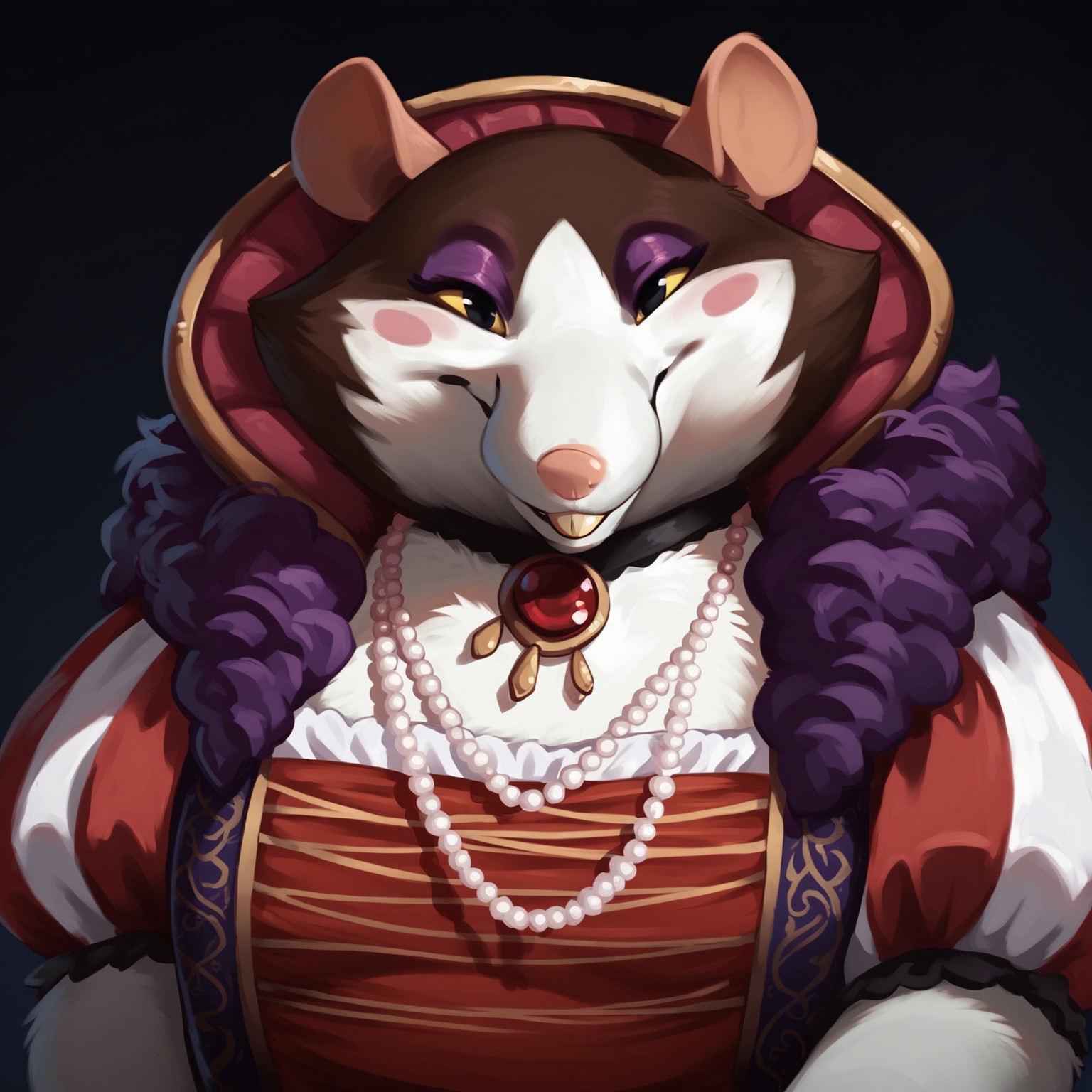 score_9, score_8_up, score_7_up, Expressiveh, masterpiece, best quality, highly detailed, realistic,  1girl, solo, (GriotteAM, furry, anthro, female rodent, female rat, blush marks, purple eyeshadow, yellow sclera, black eyes, pink nose, brown body, brown fur, white body, white fur, two tone body, two tone fur, rat tail, buckteeth, overweight female, dress, 2 white bead necklace, red jewel necklace), upper body, close-up, blue background, simple background, closed mouth, smile, looking at viewer