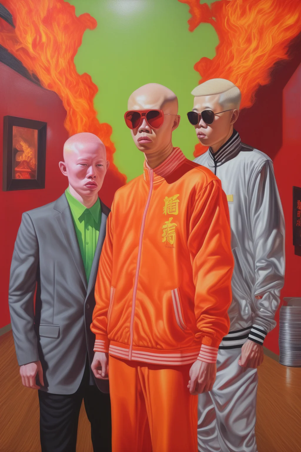 <lora:Alex Gross Style:1>Alex Gross Style - An acrylic painting in the style of alex colville and Dutch painting portrait of Chinese albinos in fire obsessed by success and money face to mirror Dress with fluorescent outerwear Nike acg and Ralph Lauren in hell of business, sens of composition, oil painting, hyperrealistic