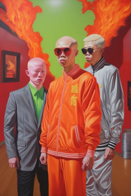 <lora:Alex Gross Style:1>Alex Gross Style - An acrylic painting in the style of alex colville and Dutch painting portrait of Chinese albinos in fire obsessed by success and money face to mirror Dress with fluorescent outerwear Nike acg and Ralph Lauren in hell of business, sens of composition, oil painting, hyperrealistic