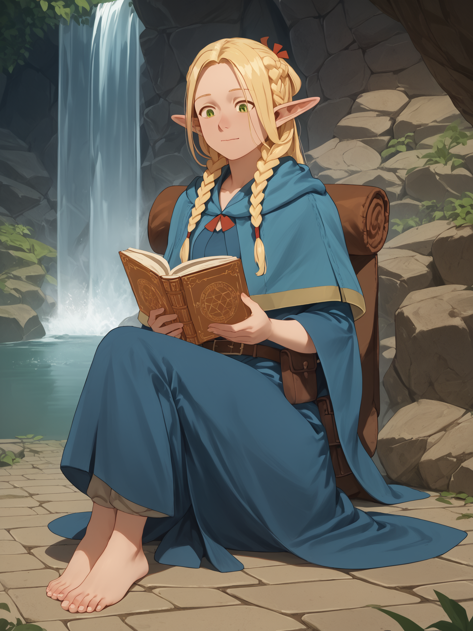 score_9, score_8_up, score_7_up, score_6_up, 1girl, elf, Marcilledonato, (angular face), sitting on floor, crossed legs, happy, reading, looking down, feet, toes, blue capelet, twin braids, blue robe, belt, pouch, stone dungeon, waterfall in background, (bright blue:0.5), very clear image, detailed character design, ultra-high resolution, perfectly composed, clear, breathtaking attention to detail, highres, ultra detail, 8k wallpaper,