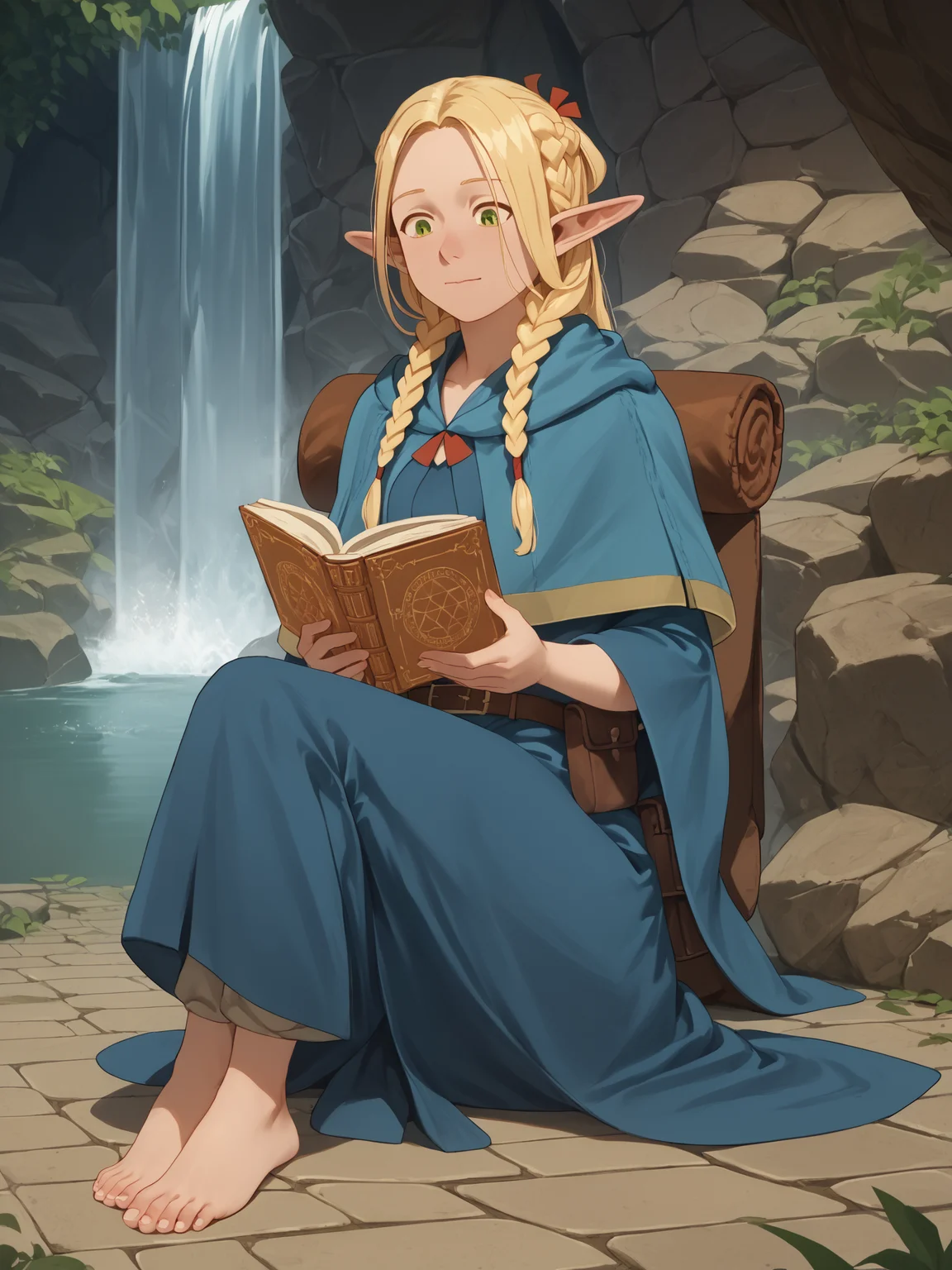score_9, score_8_up, score_7_up, score_6_up, 1girl, elf, Marcilledonato, (angular face), sitting on floor, crossed legs, happy, reading, looking down, feet, toes, blue capelet, twin braids, blue robe, belt, pouch, stone dungeon, waterfall in background, (bright blue:0.5), very clear image, detailed character design, ultra-high resolution, perfectly composed, clear, breathtaking attention to detail, highres, ultra detail, 8k wallpaper,