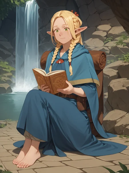 score_9, score_8_up, score_7_up, score_6_up, 1girl, elf, Marcilledonato, (angular face), sitting on floor, crossed legs, happy, reading, looking down, feet, toes, blue capelet, twin braids, blue robe, belt, pouch, stone dungeon, waterfall in background, (bright blue:0.5), very clear image, detailed character design, ultra-high resolution, perfectly composed, clear, breathtaking attention to detail, highres, ultra detail, 8k wallpaper,