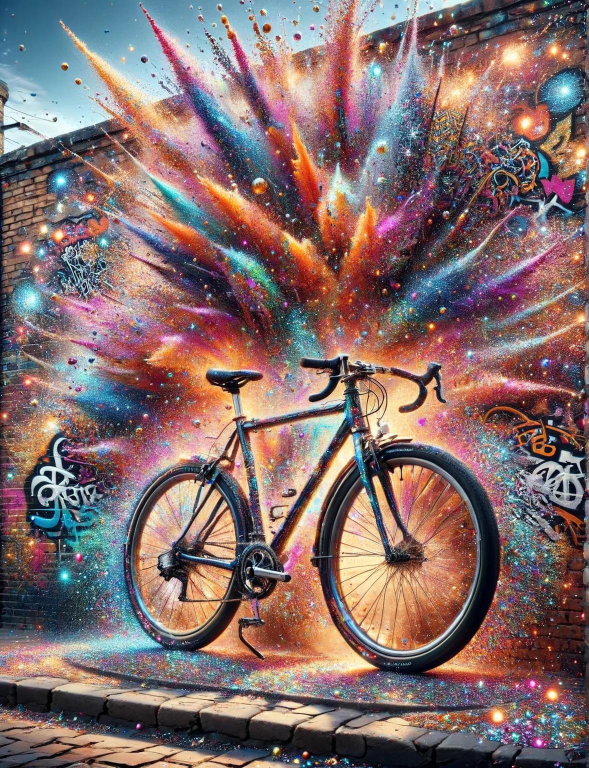 A ais-glttrbmb retro bicycle, its frame adorned with reflective stickers, nonchalantly leaning against a vibrant graffiti masterpiece on an old brick wall <lora:ais-glttrbmb-sdxl:1>