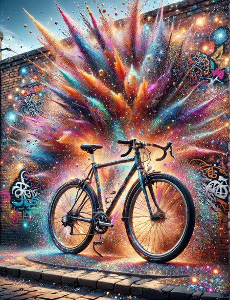 A ais-glttrbmb retro bicycle, its frame adorned with reflective stickers, nonchalantly leaning against a vibrant graffiti masterpiece on an old brick wall <lora:ais-glttrbmb-sdxl:1>
