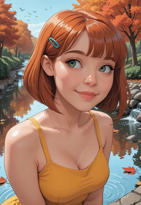 amazing quality, 4k, high resolution, ultra-detailed, newest, 1girl, (dynamic pose), dynamic angle, standing, yellow sundress, bare feet, medium breasts, smile, green eyes, auburn bob cut, hairclip, hands up, arms bent, Looking off, foliage, clear blue sky, river, closed mouth, full body, hands, sky, day, tree, looking to the side, birds, leaf, scenery, reflection, autumn leaves, ripples, river, falling leaves, stream, detailed reflection, (closeup:2), (face focus:2), thynh