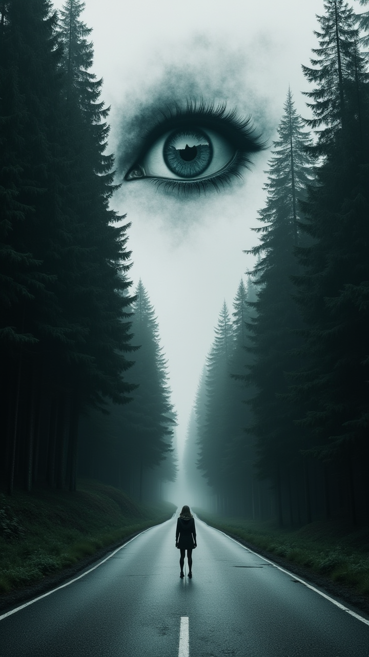 A solitary figure standing on a winding asphalt road, surrounded by towering, dark green pine trees. The scene is rendered in monochrome, enhancing the sense of mystery and depth. Above the figure, an enormous, surreal eye partly obscured by darkness looms, creating an ethereal focal point. The eye is surrounded by a swirling gradient of shades, contributing to a dreamlike atmosphere. The road appears slightly worn, with subtle white lines that guide the viewerâs gaze towards the horizon. The overall aesthetic combines elements of surrealism and hyperrealism, evoking a sense of solitude and contemplation within a deep forest setting.  bo-exposure, double exposure,