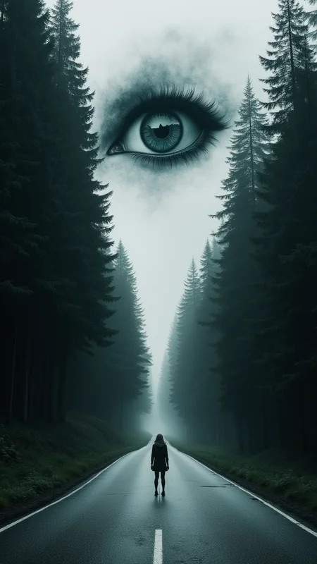 A solitary figure standing on a winding asphalt road, surrounded by towering, dark green pine trees. The scene is rendered in monochrome, enhancing the sense of mystery and depth. Above the figure, an enormous, surreal eye partly obscured by darkness looms, creating an ethereal focal point. The eye is surrounded by a swirling gradient of shades, contributing to a dreamlike atmosphere. The road appears slightly worn, with subtle white lines that guide the viewerâs gaze towards the horizon. The overall aesthetic combines elements of surrealism and hyperrealism, evoking a sense of solitude and contemplation within a deep forest setting. bo-exposure, double exposure,