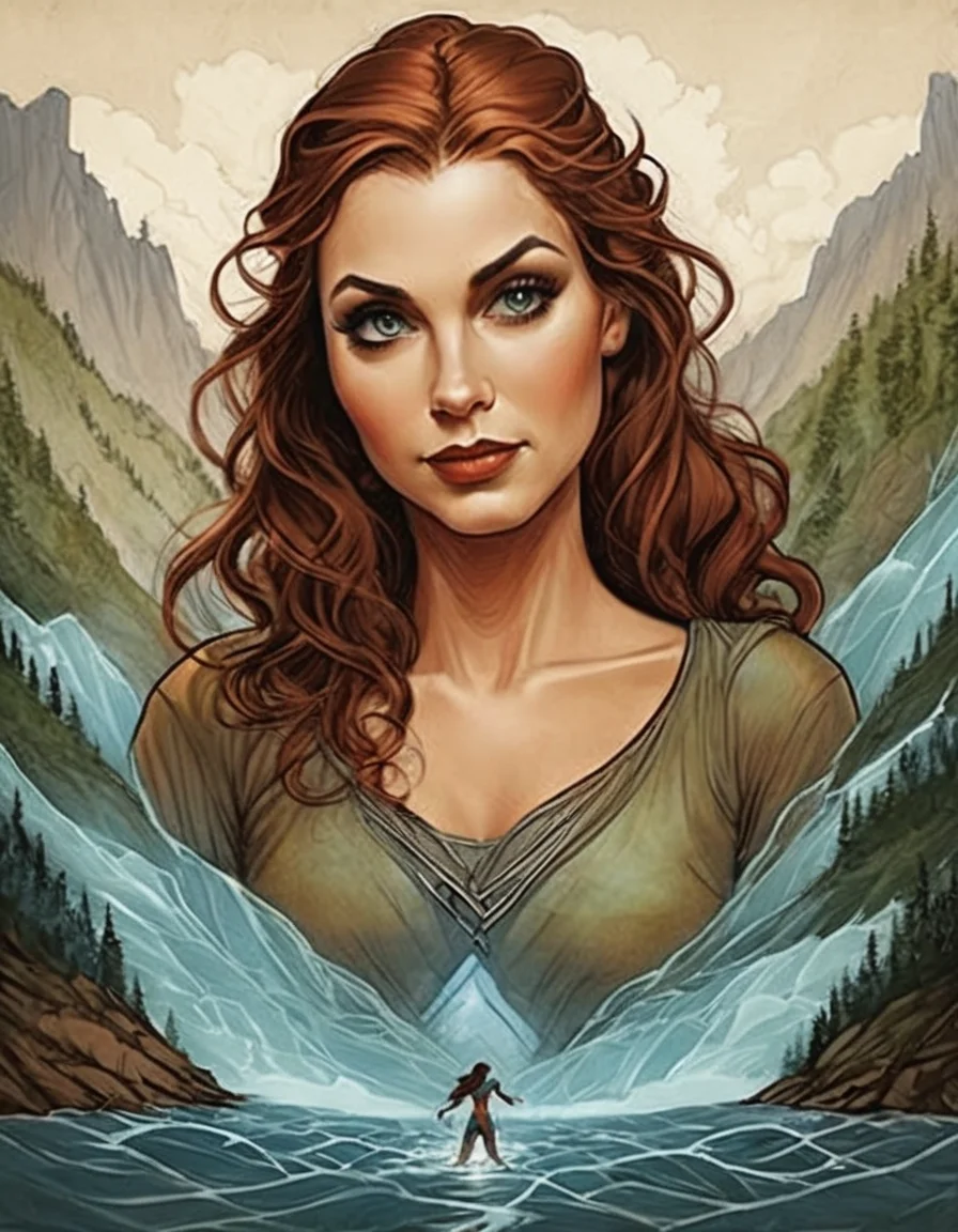 Surrealist art <lora:CivitAI_64_ALL:0.7> [X] Collage style  CivitAI Fusion Style,a woman in a tshirt standing in a river, by Tyler Edlin, from pathfinder, from dungeons  dragons, inspired by Noah Bradley, fantasy graphic novel style, charlie bowater and mark brooks, aloy, julie dillon, by Noah Bradley, l critical role, charlie bowater character art, phil noto and rebecca guay, martin ansin . Mixed media, layered, textural, detailed, artistic . Dreamlike, mysterious, provocative, symbolic, intricate, detailed