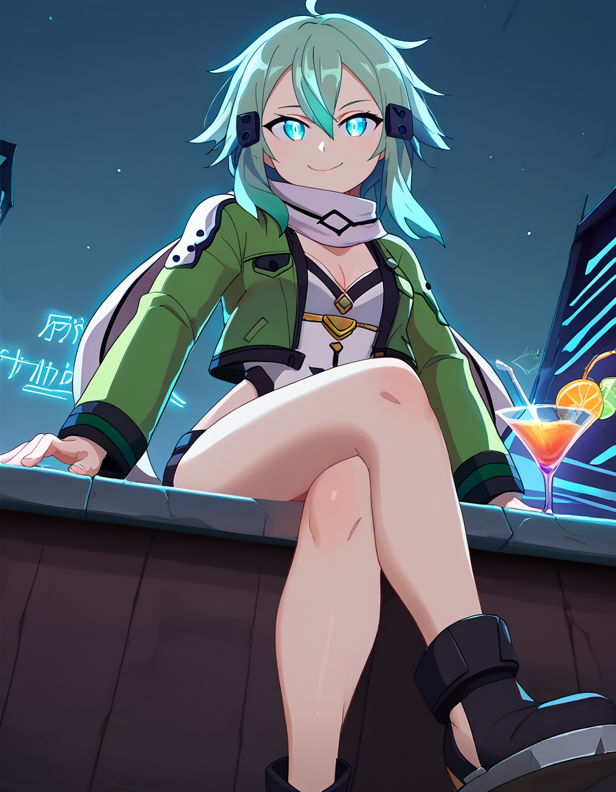 score_9, score_8_up, score_7_up, BREAK    <lora:Mrploxykun_Artist_Style_ponyXL-000012:1>,  <lora:EPsoaSinonPony:0.8> EPsoaSinon, sinon,  1girl,  solo, pale_skin,  crossed legs,light_smile, glow in the dark ,sitting at the bar counter, from_below, dark night, neon_lights, cocktail_glass,  smile, from below, dynamic pose,  sky, rooftop, open jacket, green jacket, scarf,
