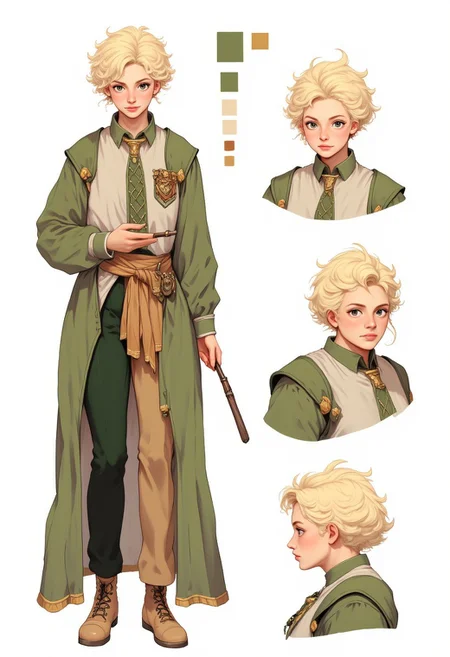 CharacterDesignFLUX,reference sheet,white background,simple background,multiple views, upper body, front, from side, color palette reference, high_detailed, captured in high detail, girl, blond, hogwarts, wizard, multiple references, realistic, 3d