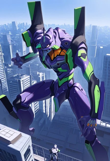 score_9, score_8_up, score_7_up, score_6_up, score_5_up, score_4_up, 4k quality, detailed, dramatic lighting, (eva01, giant robot, mecha), (no humans:1.1), best quality, masterpiece, cityscape, sunny day, brightly lit