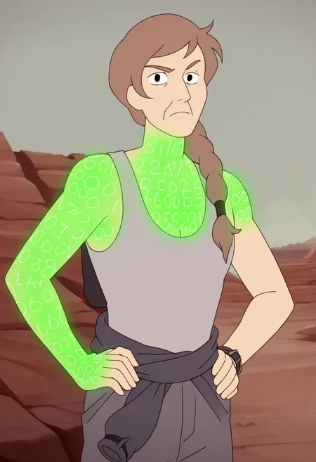 Score_9_up, score_8_up, score_7_up, 1girl, ameliait, solo, brown hair, braid, hair over shoulder, tank top, cleavage, clothes around waist, watch, hands on hip, green numbers on arm, green numbers on chest, desert, Expressiveh
