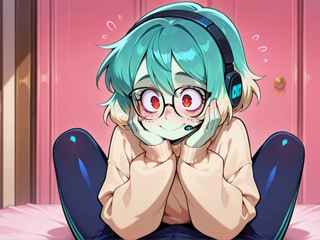 1girl, human, light olive skin, petite and nerdy frame, short teal-dyed hair, freckles, glasses, oversized sweater, leggings, gaming headset, focused expression 
 <lora:Darkfire_Kansen:1>