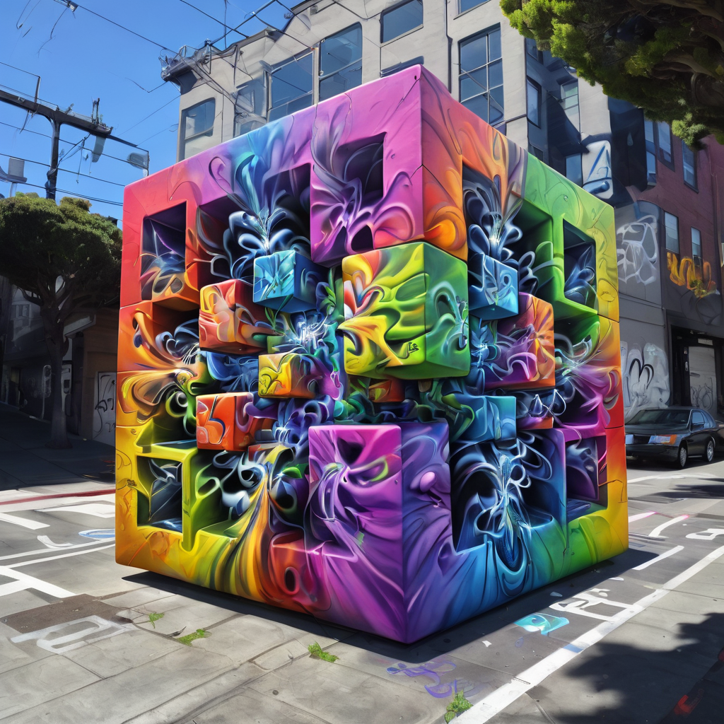 <lora:f4b14n:0.5> f4b14n san francisco rainbow cube graffiti