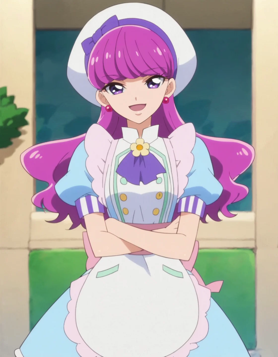 score_9, score_8_up, score_7_up, anime screencap, solo,1girl, kotozumeyukari, earrings, jewelry, hat, apron, smile, white headwear, dress, open mouth, looking at viewer, short sleeves, blue dress, cowboy shot,medium breasts,<lora:kotozumeyukari:0.8>
