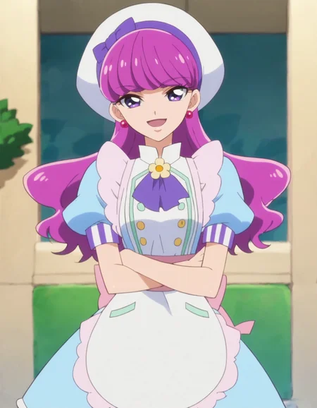 score_9, score_8_up, score_7_up, anime screencap, solo,1girl, kotozumeyukari, earrings, jewelry, hat, apron, smile, white headwear, dress, open mouth, looking at viewer, short sleeves, blue dress, cowboy shot,medium breasts,<lora:kotozumeyukari:0.8>