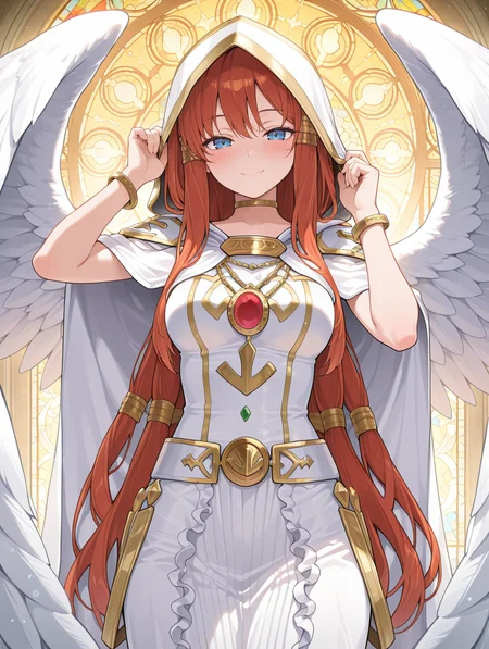 minerva - the exalted lightsworn, 1girl, solo, smile, blush, adjusting hood, looking at viewer, angel wings, white cape, white long dress, hood up, white hood, gold bracelet, red jewelry, stained glass,
masterpiece,best quality,amazing quality,very aesthetic,absurdres,newest,<lora:Minerva, the Exalted Lightsworn illuXL v1.1:0.75>,