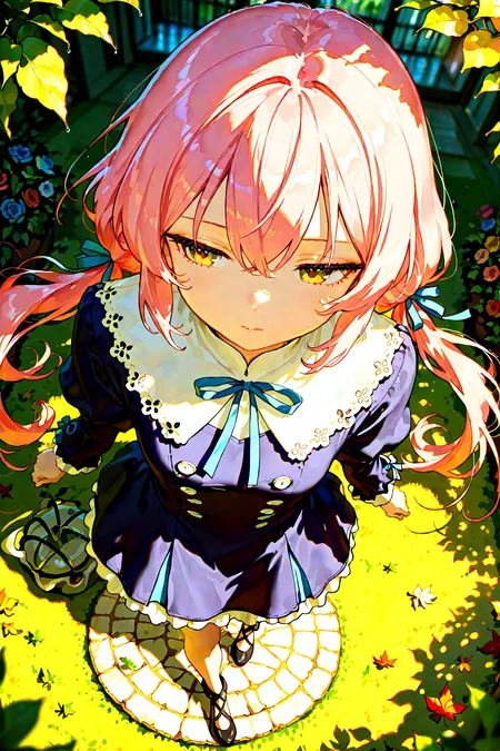 score_9, score_8_up, score_7_up, 1girl, cinematic angle, from above, Ribbons, ruffles, dappled sunlight, light leaks, Garden, leaf, Depth of field, 4k wallpaper, cinematic shadows, vibrant, oil painting, [(simple background:1.2)::0.2], (oil painting background:1.2), masterpiece, best quality, amazing quality, very aesthetic, absurdres, highres, newest, intricate details, high contrast, brilliant skin, shiny skin, <lora:ponyv4_noob1_2_adamW:1.0> <lora:enhancerV4-pony:1> <lora:illustrious_noobai_epsilon_pred_1_best_quality_v1:1> <lora:illustrious_noobai_epsilon_pred_1_masterpieces_v1:1>