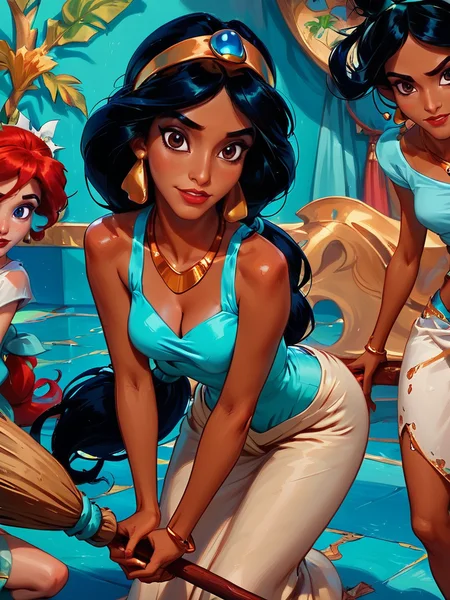 score_9, score_8_up, score_7_up, casual outfit, jasmine, A stylized illustration of a woman with long black hair, wearing a turquoise tank top and gold accessories, leaning forward on a blue carpet, long hair, looking at viewer, blush, smile, multiple girls, hair ornament, dress, cleavage, bare shoulders, jewelry, medium breasts, collarbone, upper body, red hair, earrings, parted lips, hairband, dark skin, mole, bracelet, dark-skinned female, eyelashes, single hair bun, makeup, hair over shoulder, eyeshadow, freckles, broom,   
 <lora:princess_rc_pony_v2:1>