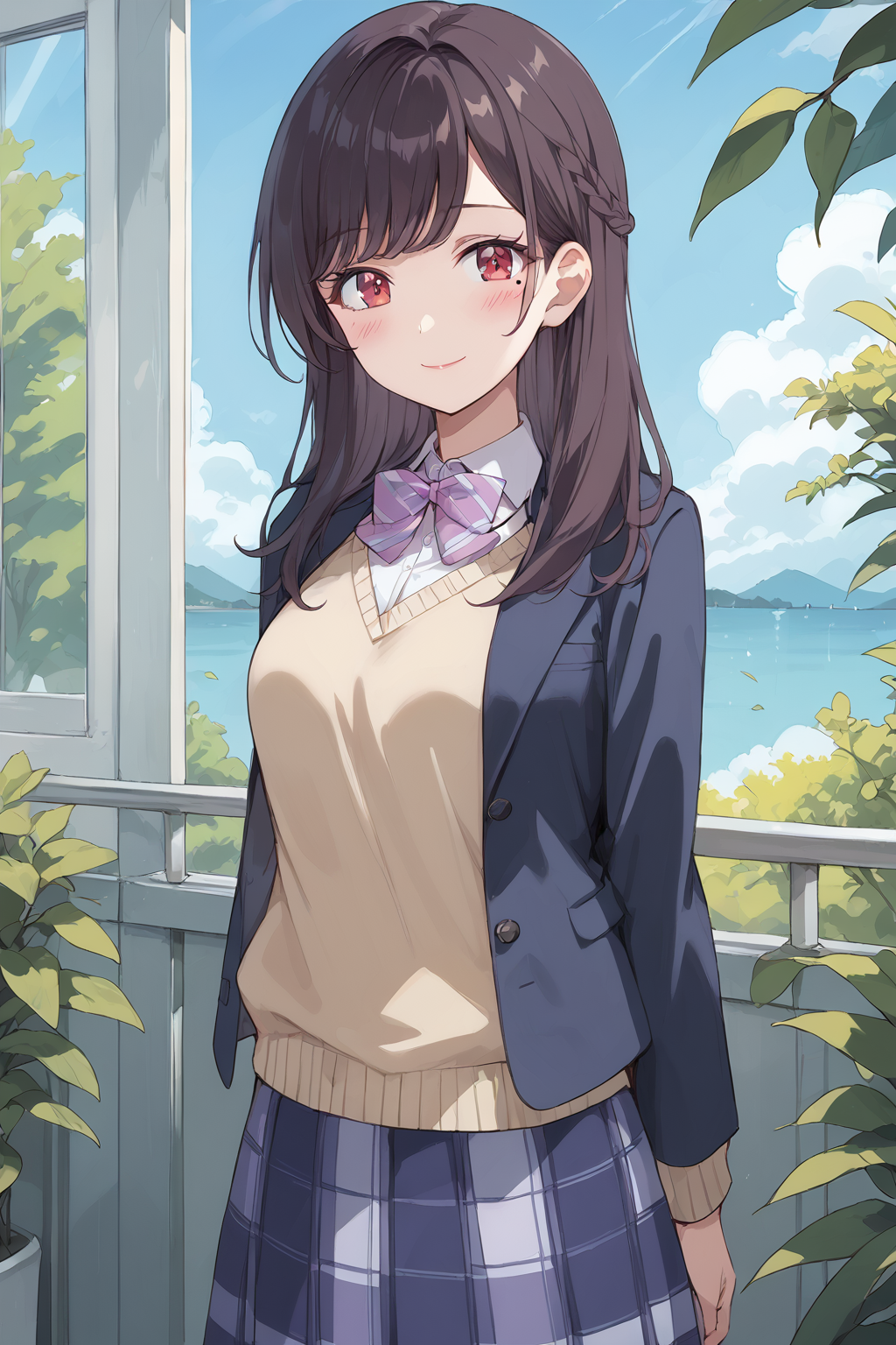 score_9, score_8_up, score_7_up, , score_ANIME,,, <lora:kurose_maria_pony3:1>kurosemaria, 1girl, solo, , looking at viewer, smile, cowboy shot,  blush, long hair, yellow sweater, black hair, bangs, striped bowtie, plaid skirt, long sleeves, collared shirt, red eyes, blazer, closed mouth  medium breasts,  lipstick,  medium breasts,mole under eye,  (cowboy shot:1.5),