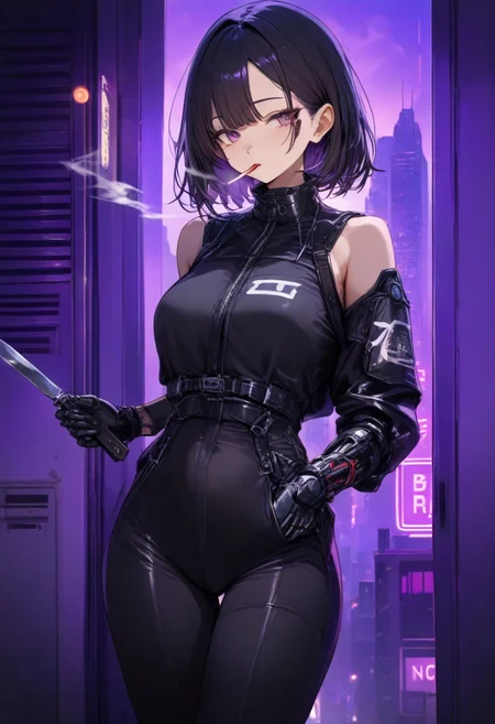 1girl, solo, safe,
japanese, Cyberpunk(green and purple background, big buildings, neon signs, open bars, prostitutes offering themselves:1.2),smoking,
black armored suit, one arm sleveless, sidbob, short black undercut hair, mechanical arm, mechanical eye, holding Knife, looking to side, barcode tattoo under eye, number tattoo in arm,
<lora:LoraANGXL4Z_YamiStyle_v2:1.0>
masterpiece, high score, great score, absurdres.
