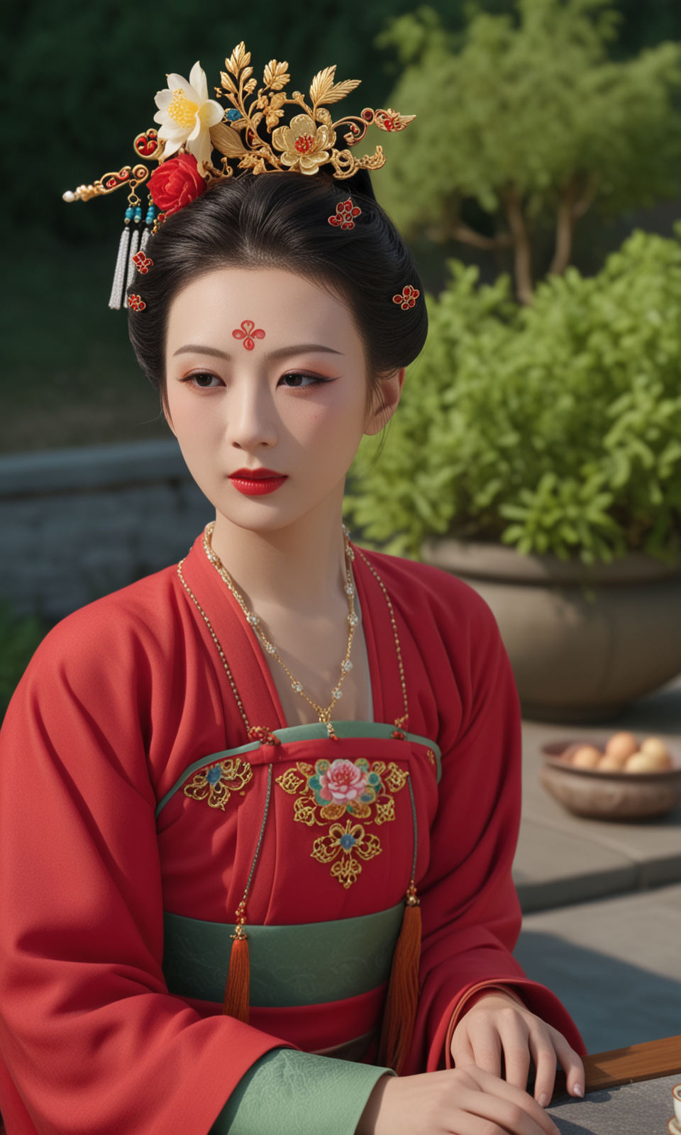 Top photography works, masterpiece, best quality, newest, absurdres, highres, 
cinematic landscape for hyperrealistic photography, (masterpiece, top quality, ultra-detailed, official art, best quality, beautiful and aesthetic:1.2), 4k, 8k, Dimly lit environments, 24bit colors, a stunning film noir still photograph, 

(1girl/GSFH, lyz, princess, jewelry, hair ornament, flower, realistic, necklace, black eyes, forehead mark, depth of field, red lips, lips, chinese clothes, facial mark, hanfu, full chest, Noble temperament, royal style), 
sitting, garden, stone table, tea set, 

masterpiece, best quality, amazing quality, very aesthetic, absurdres, newest, haute couture, 
minimalistic composition, (dark green background details), 
light from one side, dark shadow, depth of field, dynamic lighting,
cinematic film style, special effects, VFX, award-winning picture, highly detailed, ultra-high resolutions, 32K UHD, sharp focus,