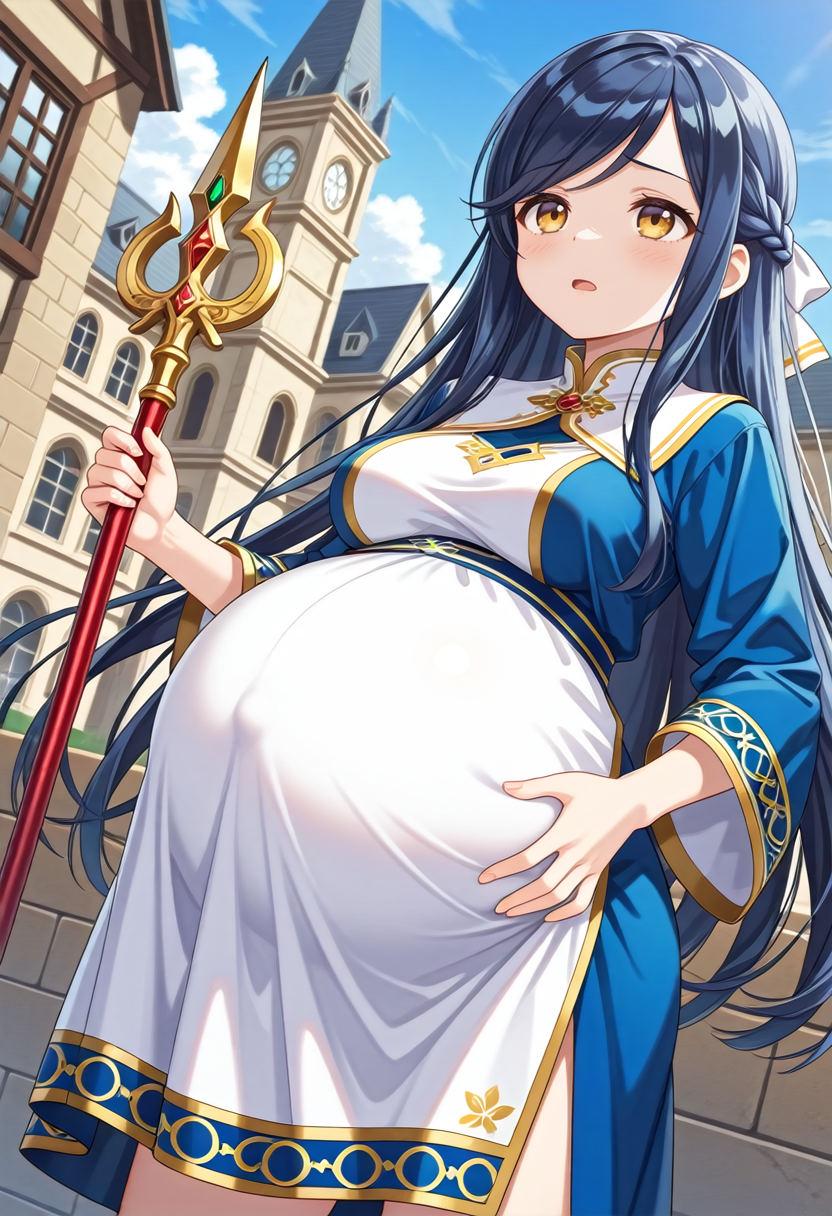 STYLE(comfy++,none) masterpiece, best quality, absurdres, 1girl, [tsukasawa takamatsu:cura, azuuru:0.3], torino aqua, myne \(honzuki no gekokujou\), yellow eyes, brown eyes, blue hair, long hair, very long hair, swept bangs, braid, medium breasts, pregnant, big belly,  open mouth, disgust, looking up, holding, facing viewer, (leaning forward), contrapposto, portrait, dutch angle,  day, tower, <lora:Pregnancy_Slider:1> <lora:pregnant_clte_v2:1> <lora:dmd2_sdxl_4step_lora_fp16:1>