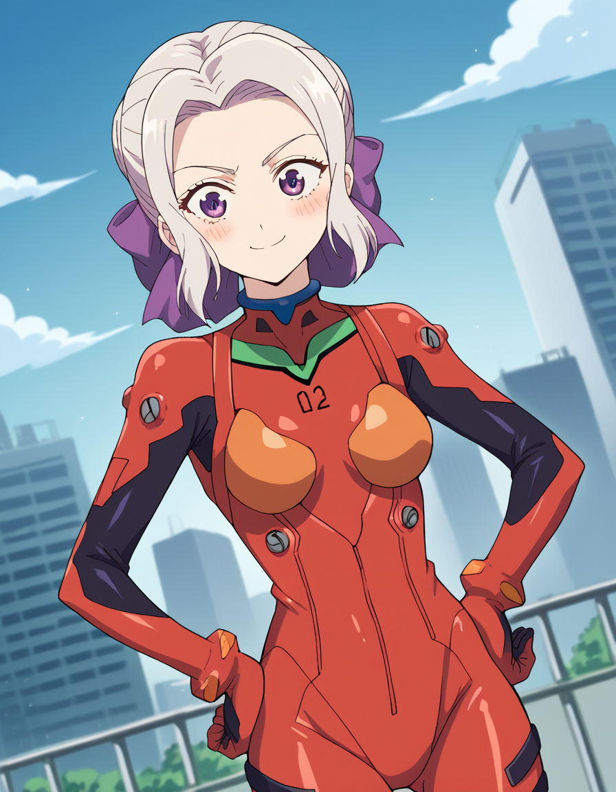 score_9, score_8_up, score_7_up, source_anime, <lora:shino-kiryuu-s2-ponyxl-lora-nochekaiser:1>, shino kiryuu, purple eyes, white hair, hair bow, purple ribbon,, <lora:souryuu-asuka-langley-cosplay-ponyxl-lora-nochekaiser:1>, souryuuasukalangleycosplay, souryuu asuka langley (cosplay), bodysuit, pilot suit, plugsuit, red bodysuit, interface headset,, cityscape, smile, blush, hands on hips,, , cowboy shot, dutch angle