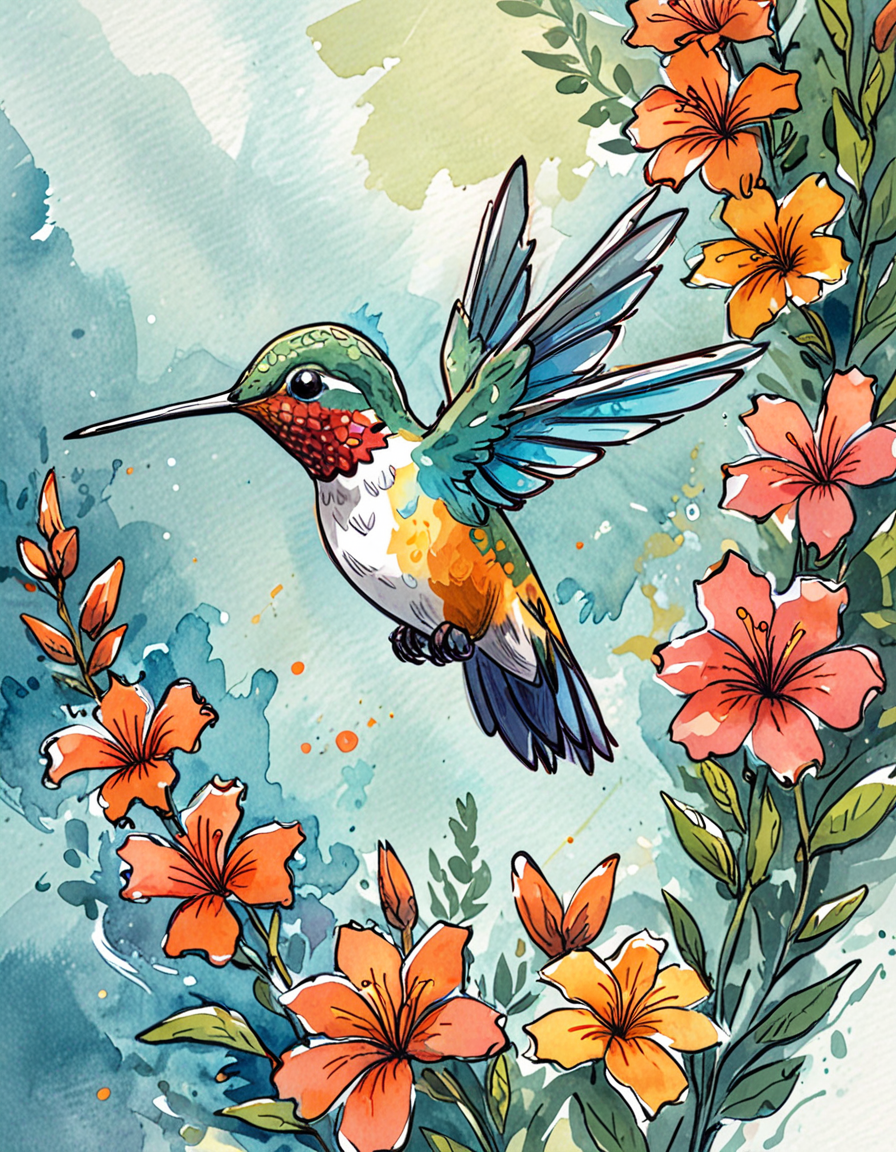 hummingbird and flowers  <lora:novuschroma43 style:0.95> novuschroma43 style <lora:sdxl_lightning_8step_lora:1>