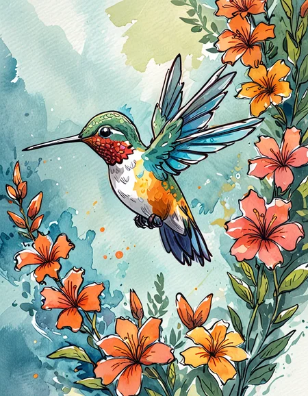 hummingbird and flowers <lora:novuschroma43 style:0.95> novuschroma43 style <lora:sdxl_lightning_8step_lora:1>