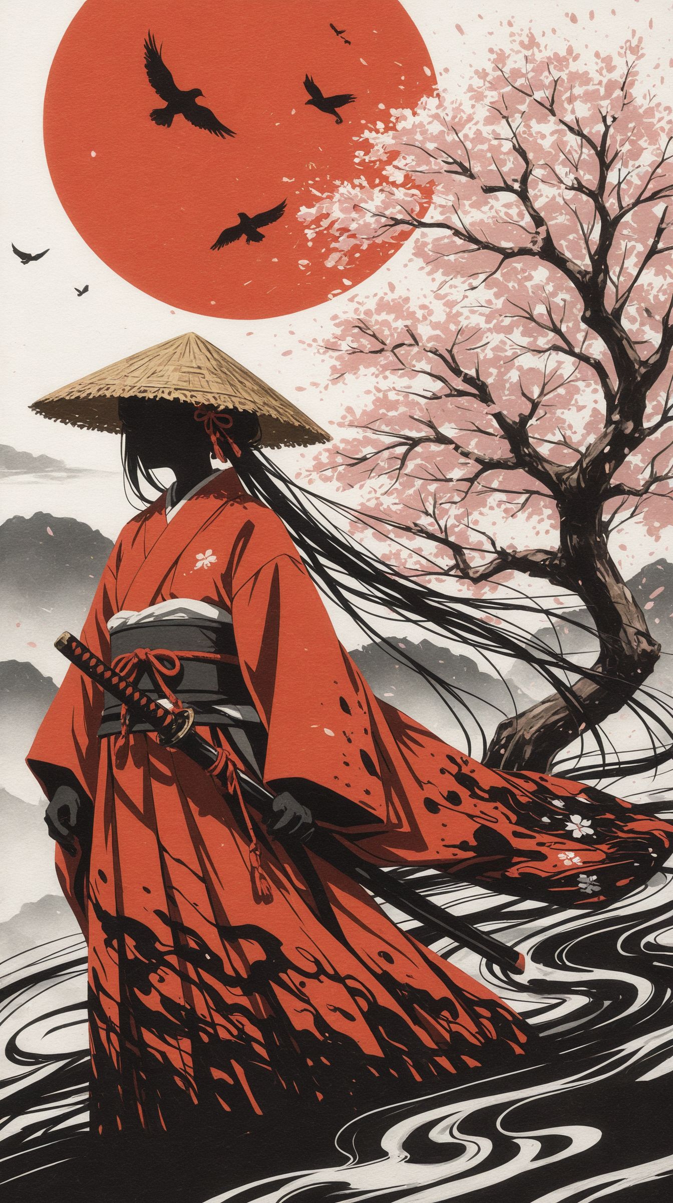 masterpiece,best quality,(minimalism:1.3), (impressionism:1.2),
lone samurai, red kimono, katana, dramatic red sun, ink wash style, minimalist composition, Japanese warrior, silhouette, traditional straw hat, windswept landscape, flying birds, cherry blossom tree, bold contrast, black and white with red accents, cinematic, abstract splatter effect, digital painting, warrior's journey, Edo period, bushido, atmospheric art
