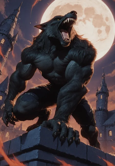 score_9, score_8_up, score_7_up, pinup pose, looking at viewer, perfect face, colorful, dramatic angle, unique perspective, unique angle, detailed, intricate details, highres, absurdres, gothic castle, full moon, night, 4toes, VanWolf, furry male, claws, solo, sharp teeth, werewolf, animal ears, black fur, yellow eyes, muscular, angry, open mouth, howl,  <lora:add-detail-xl:0.4>,  muscular male, huge muscles, veiny muscles, veiny body, large pectorals, <lora:Van_Ill:0.9>,  <lora:kusunagi_IL:0.3>, torn pants, abs