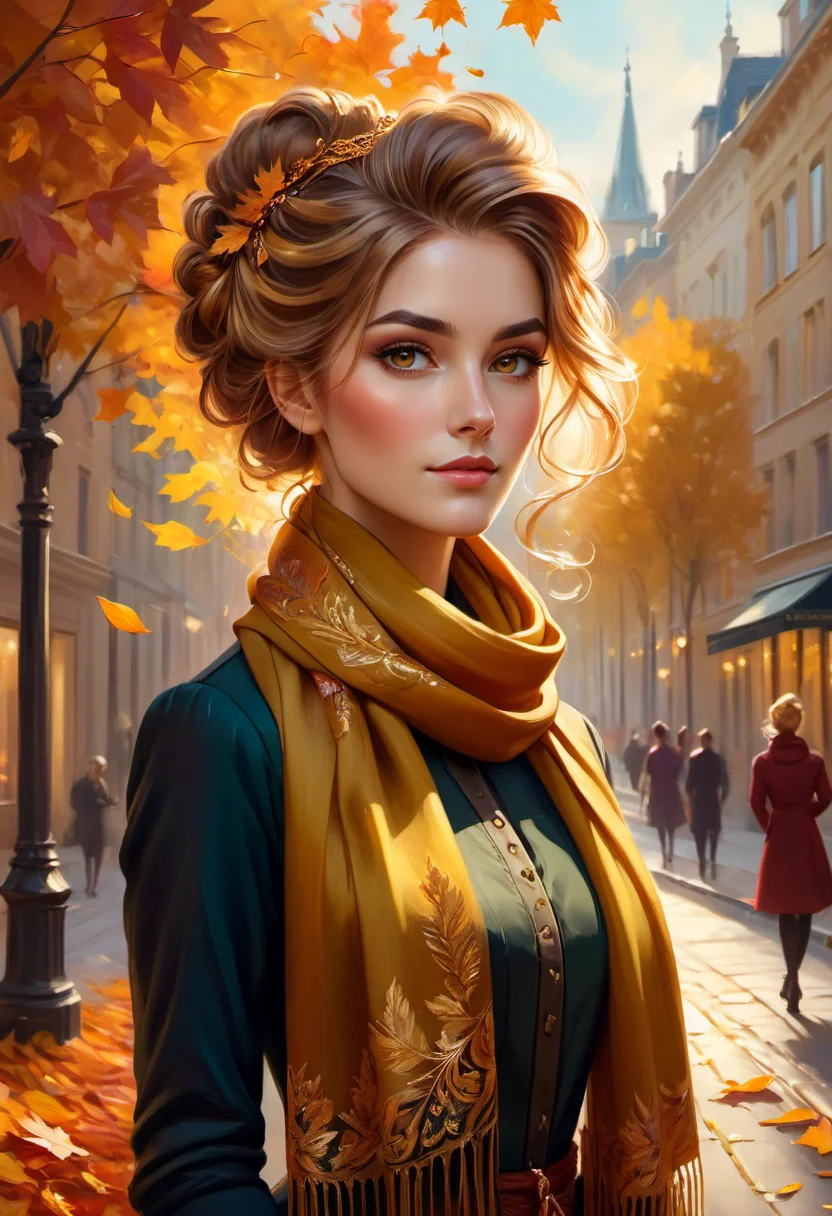 Portrait painting, (Aristocratic woman with intricate hairstyle:1.3), Autumn street scene, Dynamic pose, (Inspired by Charlie Bowater:1.3), Cozy scarf, Falling leaves, Vibrant colors, Golden light, <lora:add-detail-xl:1>
