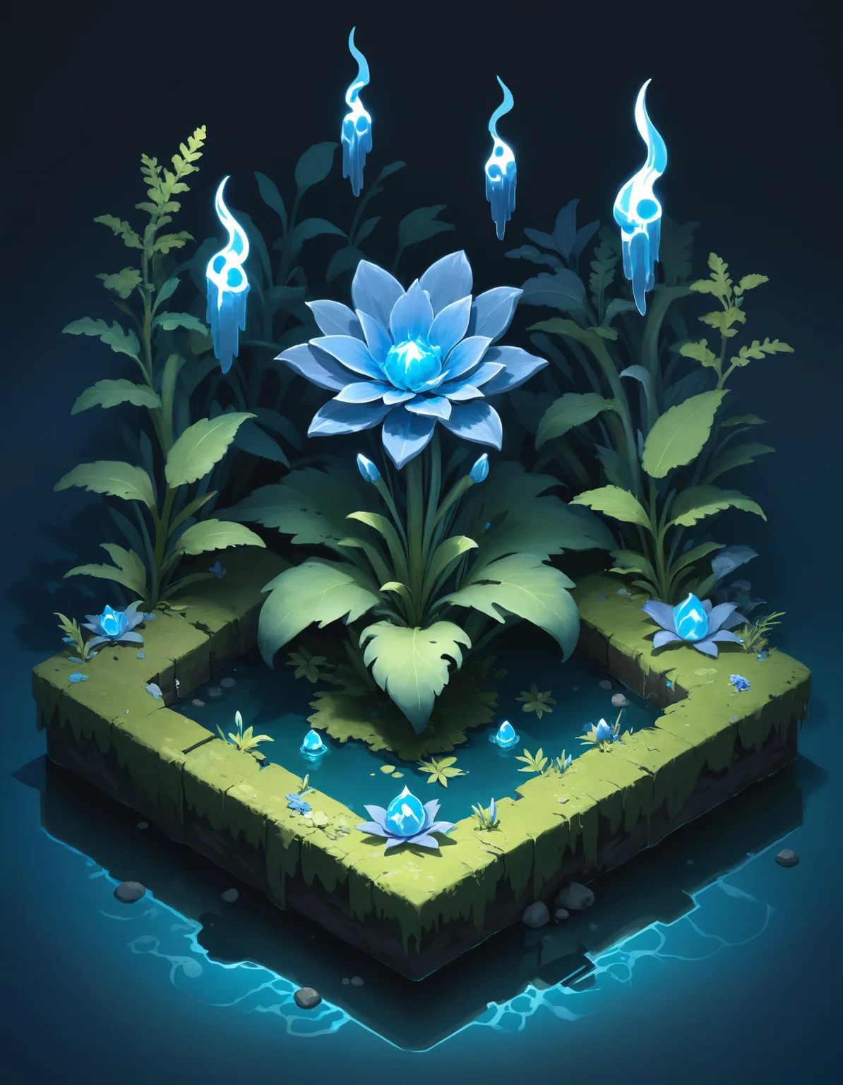 amazing blue ghostly flower glowing in a deathly ashen swamp, isometric, zavy-ctsmtrc, art,