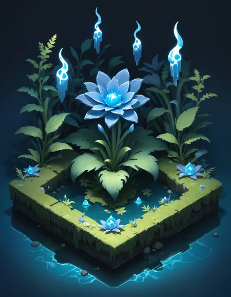 amazing blue ghostly flower glowing in a deathly ashen swamp, isometric, zavy-ctsmtrc, art,