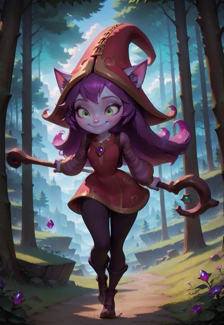 Lulu \(League of Legends\), 1girl, short purple hair, green eyes, yordle features, dynamic pose, smile, forest, staff, purple gem, black pantihose, masterpiece, best quality, ultra-detailed, very aesthetic, artist:, {prompt}, newest, very awa, absurdres, highres,