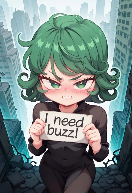 1girl, solo, Ghelber, need_buzz, holding sign, (bluethebone), perfect eyes, absurdres, illustration, intricate details, incredibly absurdres, ambient occlusion, depth of field, intricate background, high quality, 4k, masterpiece, ultra-detailed,best quality,amazing quality, very aesthetic, vibrant colors, looking at viewer, bokeh effect, cinematic framing, perfect hands, cute, perfect_face, bright eyes, soft skin, (outdoors, city ruins), (front view, from above), (dynamic pose, pointing at viewer), (blush, slight angry), white pupils,
tatsumaki, green eyes, curly hair, green hair, blush, flipped hair,short hair, long sleeves, dress, black dress,bangs, petite, covered legs