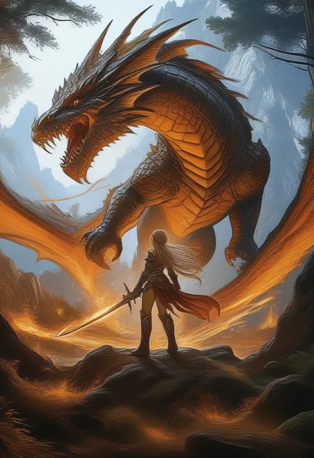 elfian princess fight against giant dragon, in beautiful forest, 8k action shot, elfian princess in short armor, long legs,, with long spear,fighting, fantasy, gigantic dragon, bosstyle,