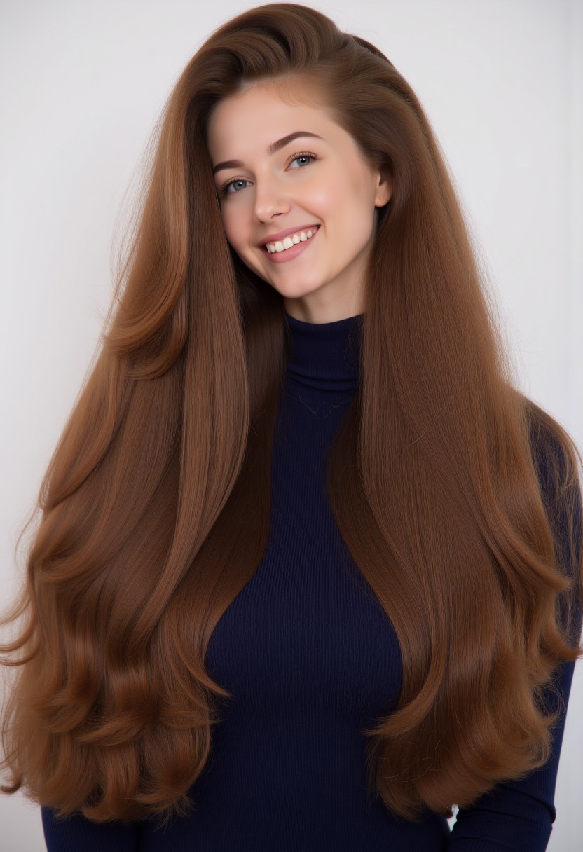 4k high definition photo of an adorable Russian supermodel with an extraordinary, voluminous hairstyle. She has a perfect stunning smile with straight white teeth. She has long, flowing, brown hair that cascades down her back and around her shoulders, creating a huge and voluminous flowing effect. The hair is styled in loose waves and curls, giving it a luxurious, almost ethereal appearance. Wavy hair texture. The woman's face is adorable and natural, with a delicate, heart-shaped face and striking blue eyes. Her age is approximately 19 years old, with young and healthy skin. She wears a dark blue turtle neck that looks oversized and soft.