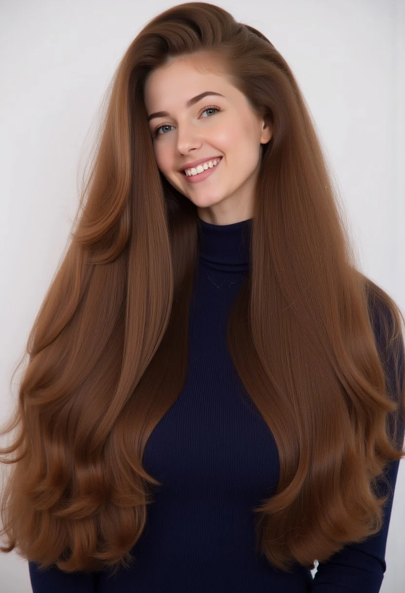 4k high definition photo of an adorable Russian supermodel with an extraordinary, voluminous hairstyle. She has a perfect stunning smile with straight white teeth. She has long, flowing, brown hair that cascades down her back and around her shoulders, creating a huge and voluminous flowing effect. The hair is styled in loose waves and curls, giving it a luxurious, almost ethereal appearance. Wavy hair texture. The woman's face is adorable and natural, with a delicate, heart-shaped face and striking blue eyes. Her age is approximately 19 years old, with young and healthy skin. She wears a dark blue turtle neck that looks oversized and soft.