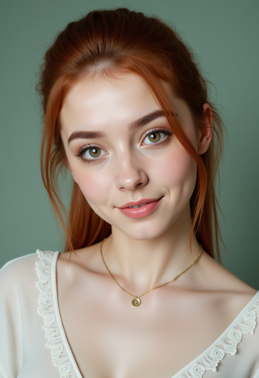 She is approximately 18 years old. Hyperrealism, she is looking at the camera, (dynamic angles), profile headshots of a beautiful, stunning unique female character.  she has dark hair. her eyes are filled with joy and excitement, extravagant eyelashes. a photo of P3rf3ct_Wif3, a woman with red hair. she is wearing a white frilly shirt, and a necklace. The woman is posing confidently. simple sage green colored background. She has a slight smile on her face and is looking directly at the camera. making this image a masterpiece of photography and digital art. realistic. making this image a masterpiece of photography and digital art. Style: realistic hyper-detailed rendering, 32k UHD, expressive eyes, punk, graphic design, girl's face, pretty and cute, gleaming lips, telling a tale of adventure. Exuding confidence and serenity. The overall mood of the image is happy and relaxed,detailed skin texture,(blush:0.2),(goosebumps:0.3),subsurface scattering,whimsical,Detailed hand, Perfect hand. Perfection style.