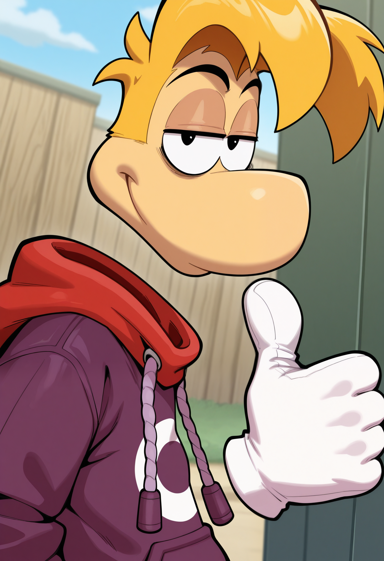 masterpiece,best quality,amazing quality, 1boy, solo, r4ym4n, furry, rayman limbs, purple hoodie, black eyes, yellow hair, white gloves, thumbs up, close up, side angle,