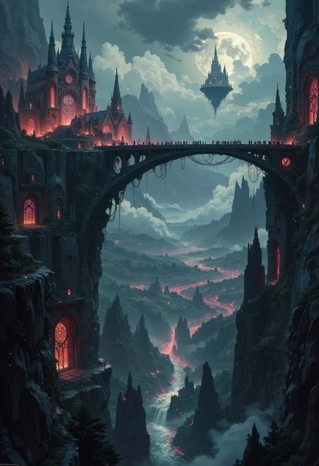 A majestic dark fantasy vista, featuring a sprawling, ancient city carved into a towering black cliffside, illuminated by a pale, eerie moonlight. Jagged spires and gothic architecture rise high into the sky, their intricate designs laced with glowing crimson runes. Below, a vast, mist-covered valley stretches outward, dotted with shadowy forests and glimmering rivers of molten silver. A colossal, weathered bridge of obsidian arches over a bottomless chasm, connecting the cliffside city to a mysterious floating island, suspended by chains and shrouded in swirling dark clouds. The air is thick with an ominous fog, and faint glows from enchanted lanterns flicker across the scene. Overhead, the sky is a turbulent mix of stormy gray and blood-red hues, with faint, otherworldly constellations piercing through the gloom. The scene radiates a sense of ancient power and haunting beauty, capturing the grandeur and dread of this mystical world.