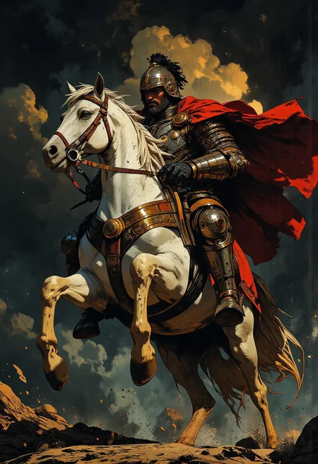 (mythp0rt, Detailed hand, Hand, Perfect hand, midjourney_whisper_avant_couture) A high-resolution photograph of a classical oil painting in a Baroque style that depicts a muscular, bearded man in full armor riding a white horse. The man is positioned slightly to the left and wears a gleaming, ornate suit of armor covering his entire body, including a helmet adorned with intricate designs. His right hand holds the reins of the horse while his left hand grasps a partially visible sword. The powerful horse is mid-gallop with its flowing mane directed to the right, creating a sense of dynamic motion and intensity. The dark, dramatic background features swirling clouds that suggest a stormy, tumultuous scene, adding urgency to the artwork. The man’s determined expression, with his eyes fixed on the horizon, conveys purposeful direction, while the gold and red details on his armor and the horse's harness contrast vividly against the dark setting. The style is highly detailed and realistic, emphasizing the textures of the armor, the musculature of the horse, and the billowing fabric of the man's cloak, evoking an overall mood of heroic grandeur.