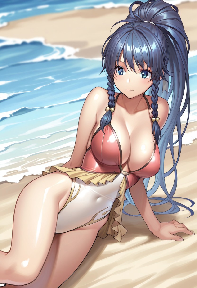 masterpiece, best quality, crimsonj-girl.fightil, 
  1girl, TanaSummer, long hair, blue hair, twin braids, ponytail, blue eyes, one-piece swimsuit, large breasts,
beach, perfect anatomy