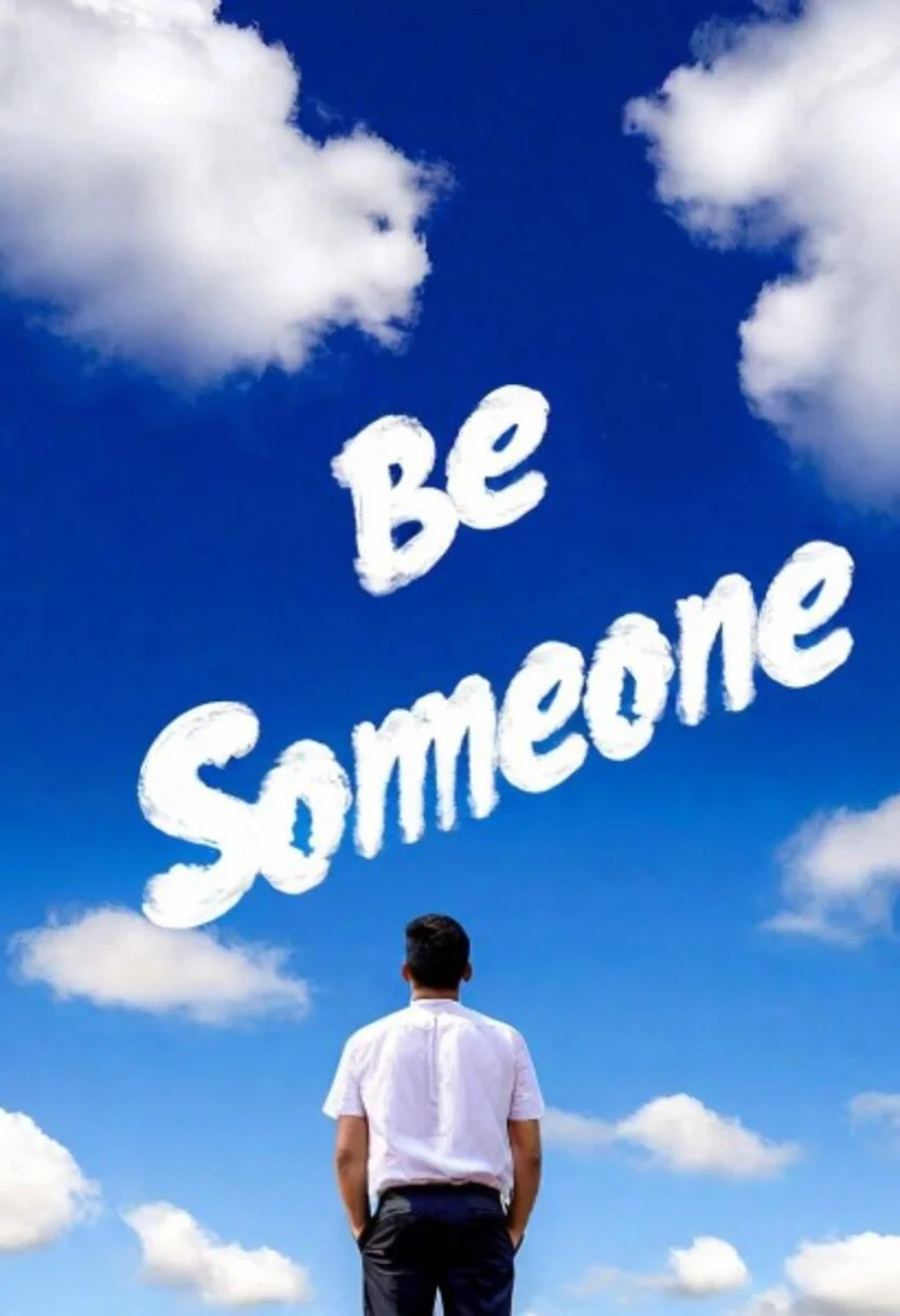 from behind , a man looks up to the blue sky, he looks at the white clouds, the clouds formed in to words, (Wording in the clouds says "BE SOMEONE"), Painstaking Attention To Details, (wording says "BE SOMEONE")