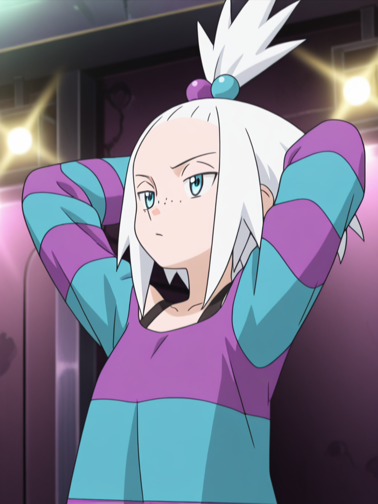 1girl, hands behind head, stage, upper body, looking at another, 
 <lora:roxie_2_pe:1>
Roxi5,
blue eyes,pale skin, freckles, 
white hair, tied in a high,spiky ponytail ,hair ornament, purple and blue hair bobbles,
black vest top,
loose dress, striped dress,purple and blue striped,, masterpiece, high quality, absurdres, best quality, very aesthetic, newest,