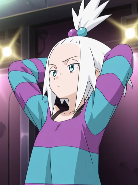 1girl, hands behind head, stage, upper body, looking at another, 
 <lora:roxie_2_pe:1>
Roxi5,
blue eyes,pale skin, freckles, 
white hair, tied in a high,spiky ponytail ,hair ornament, purple and blue hair bobbles,
black vest top,
loose dress, striped dress,purple and blue striped,, masterpiece, high quality, absurdres, best quality, very aesthetic, newest,