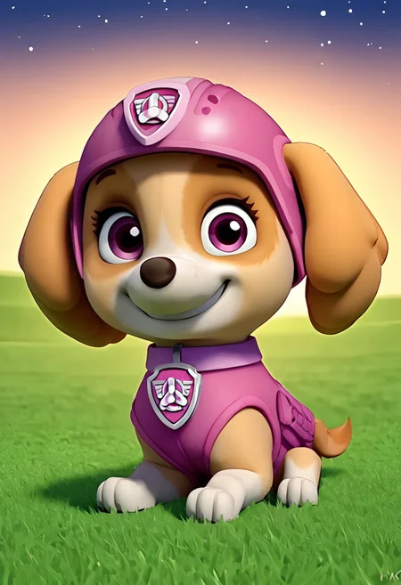 BREAK Score_9_up, Score_8_up, Score_7_up, source_anime, (sideways), skyepp, dog, feral, pink vest, pink collar, pink goggle helmet, sitting, view away from viewer, smile, night, grass,
